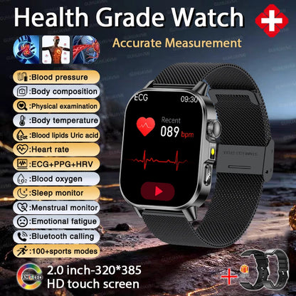 Revolutionary 2026 ECG+PPG Smart Watch for Men - Accurate Blood Pressure, Lipids & Uric Acid Monitoring with Stunning 2.0-Inch AMOLED HD Display