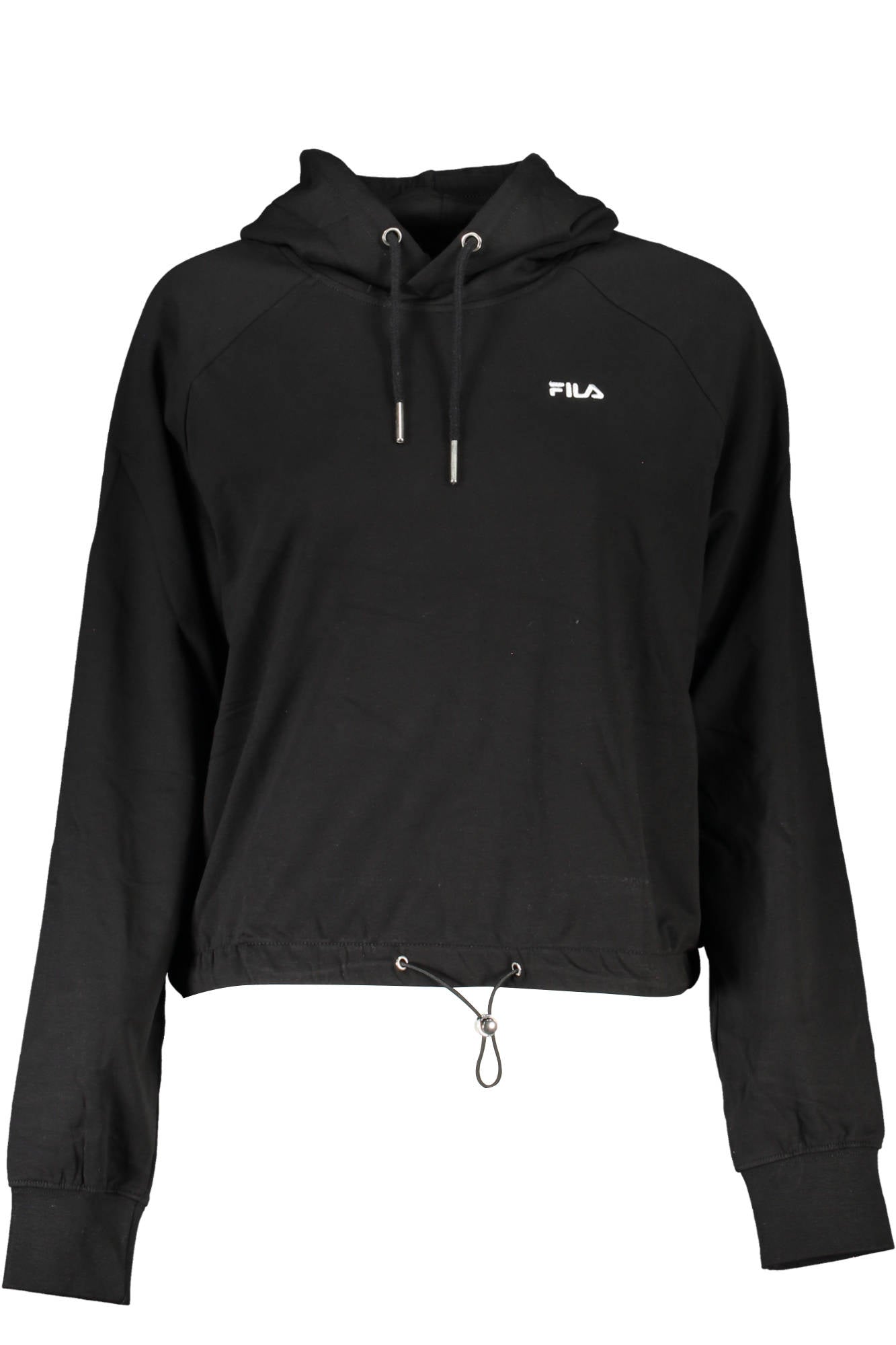 Black hoodie with a small logo on a white background