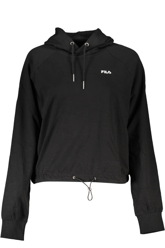 Black hoodie with a small logo on a white background